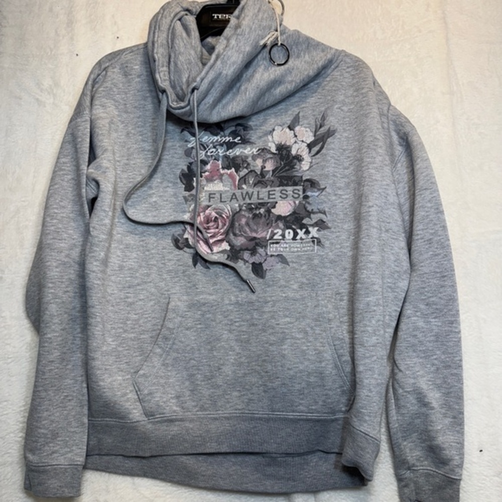 Ardene Sweatshirt Womens Size Small Gray Large Graphic Cowl Neck Pockets
